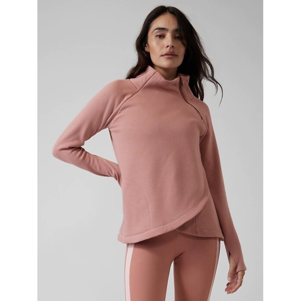 Athleta Cozy Karma Asym Pullover Small Mauve Pink Fleece Sweatshirt Athleisure